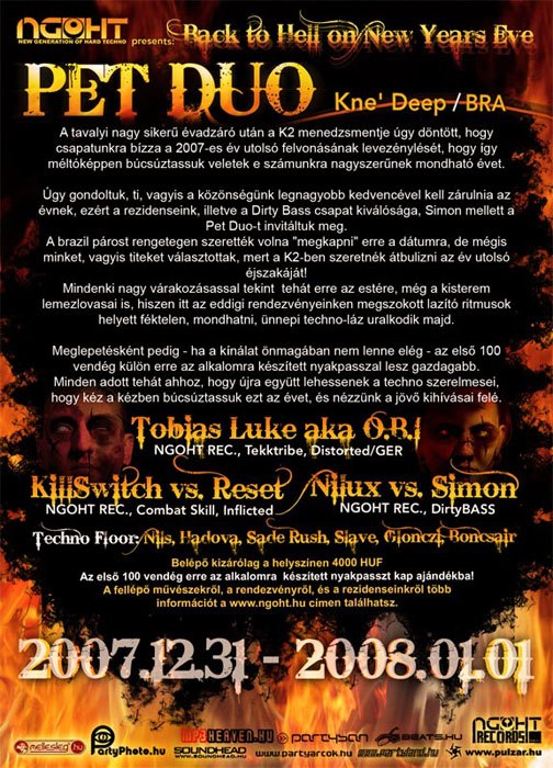 Club K2 pres. Back to Hell on New Years Eve with Pet Duo and Tobias Luke aka OBI flyer