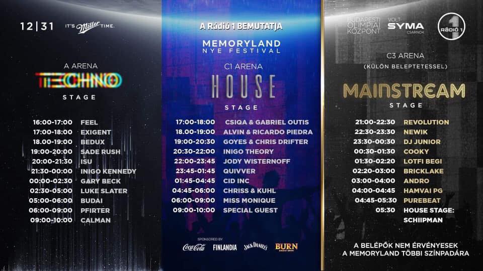 Bok csarnok (Ex Syma), Memoryland NYE Festival with Gary Beck, Inigo Kennedy, Luke Slater, Pfirter, Budai and ISU flyer