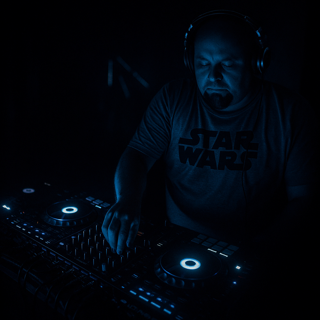 Sade Rush sötét, kék neon fényben, Star Wars pólóban