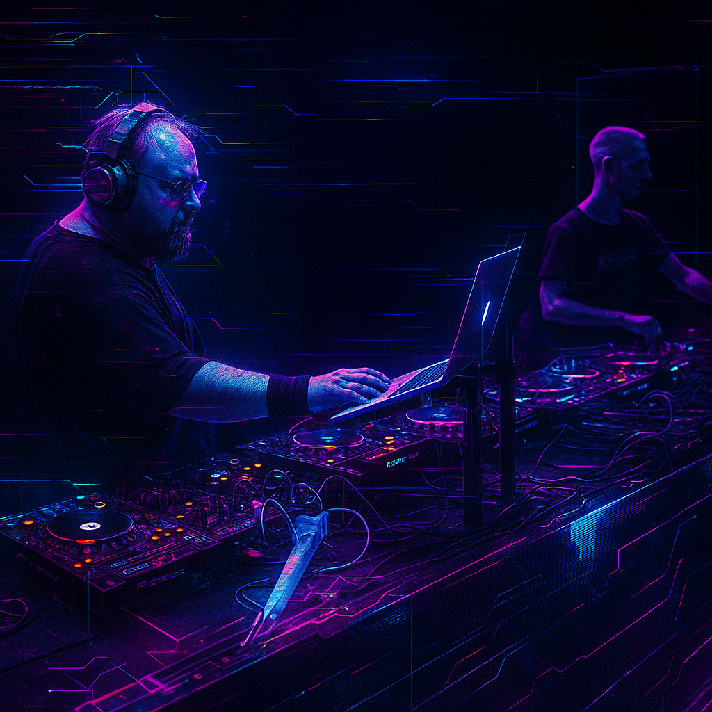 Sade Rush és másik DJ élőben, kék-lila fénnyel