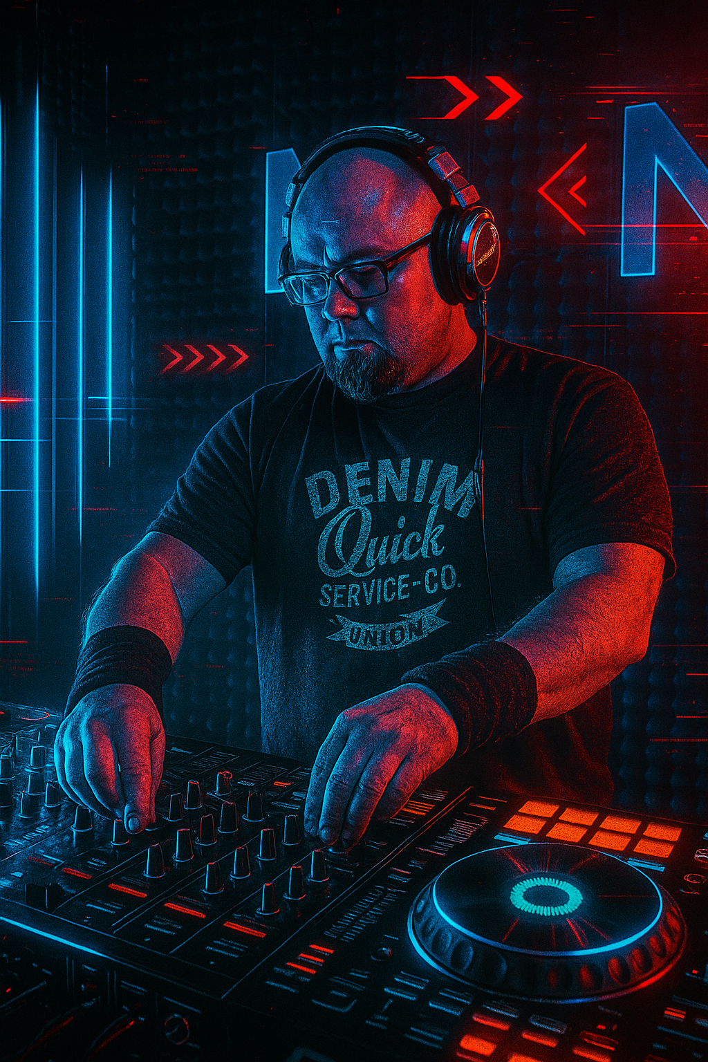 Sade Rush keverőpult mögött piros-kék neon fényekkel